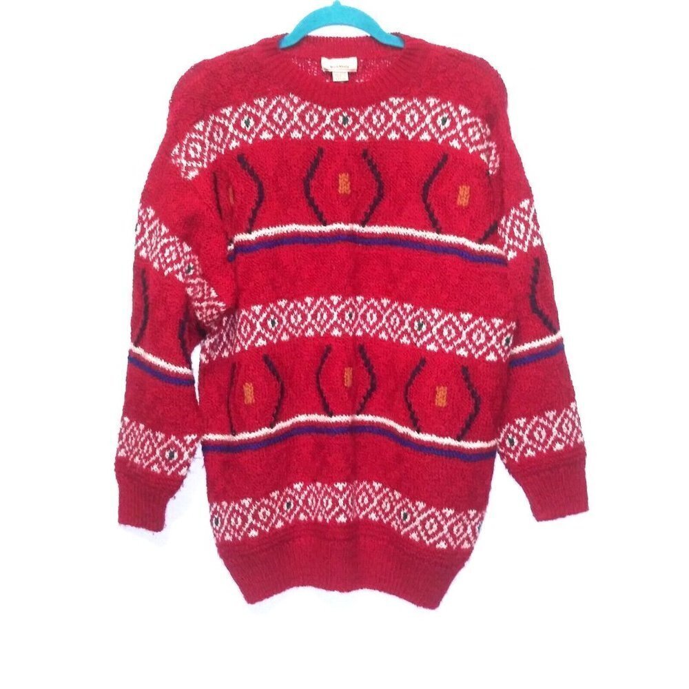 Mark Shale sweater Pure Wool Red pullover geometric print long sleeve bulky cozy